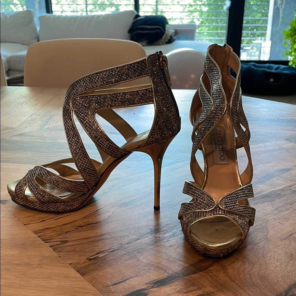 Jimmy Choo Silver Stiletto Heels with Strappy Design